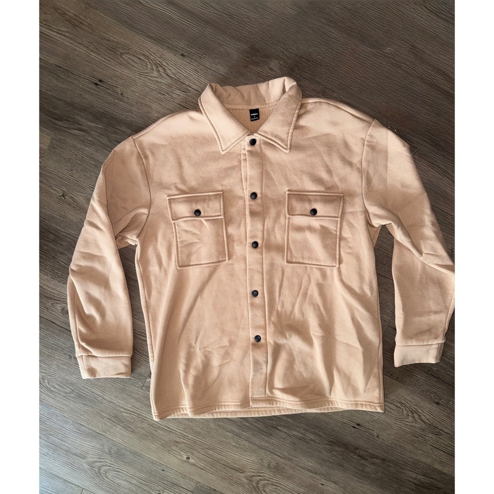 Manfinity Mens Tan Button Front Fleece Shirt Jacket Large